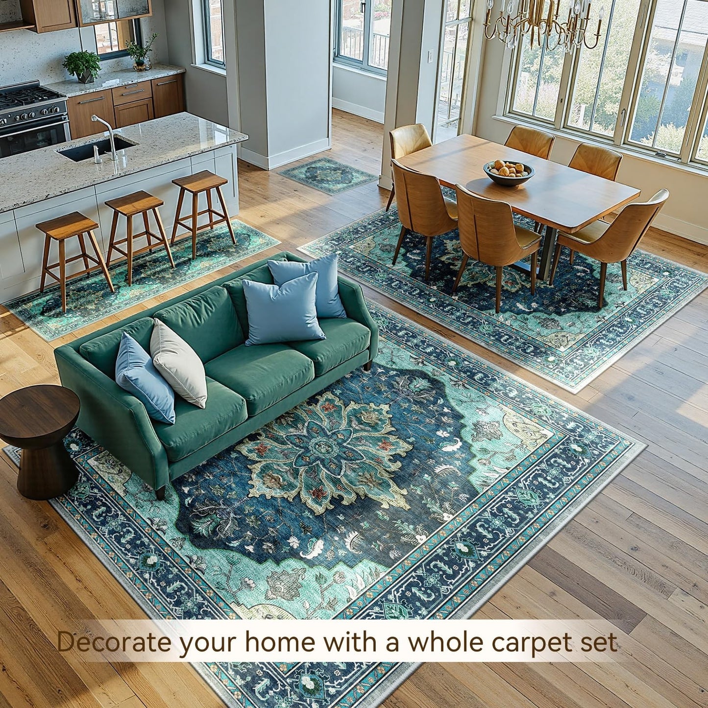 Washable 8'x10' Area Rug   Teal Vintage Floral Boho, Non Slip, Water Repellent,3