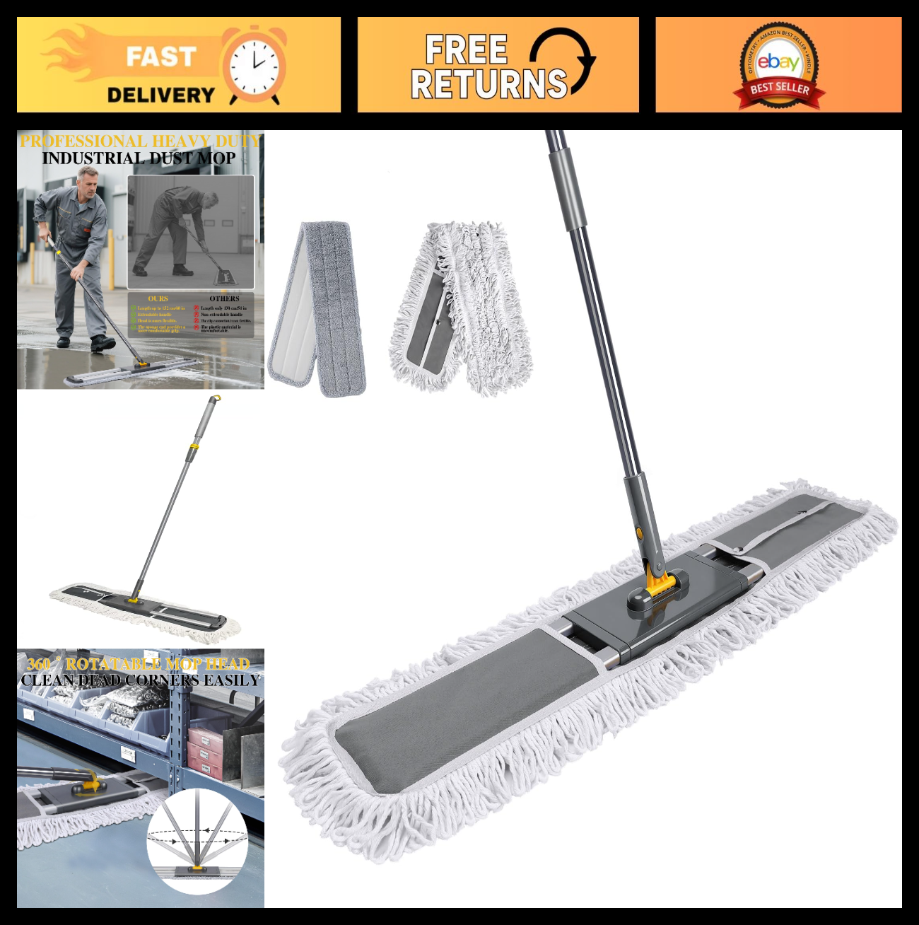 36" Heavy Duty Commercial Mop - Adjustable 60" Dust Mop with 2 Microfiber Pads f0