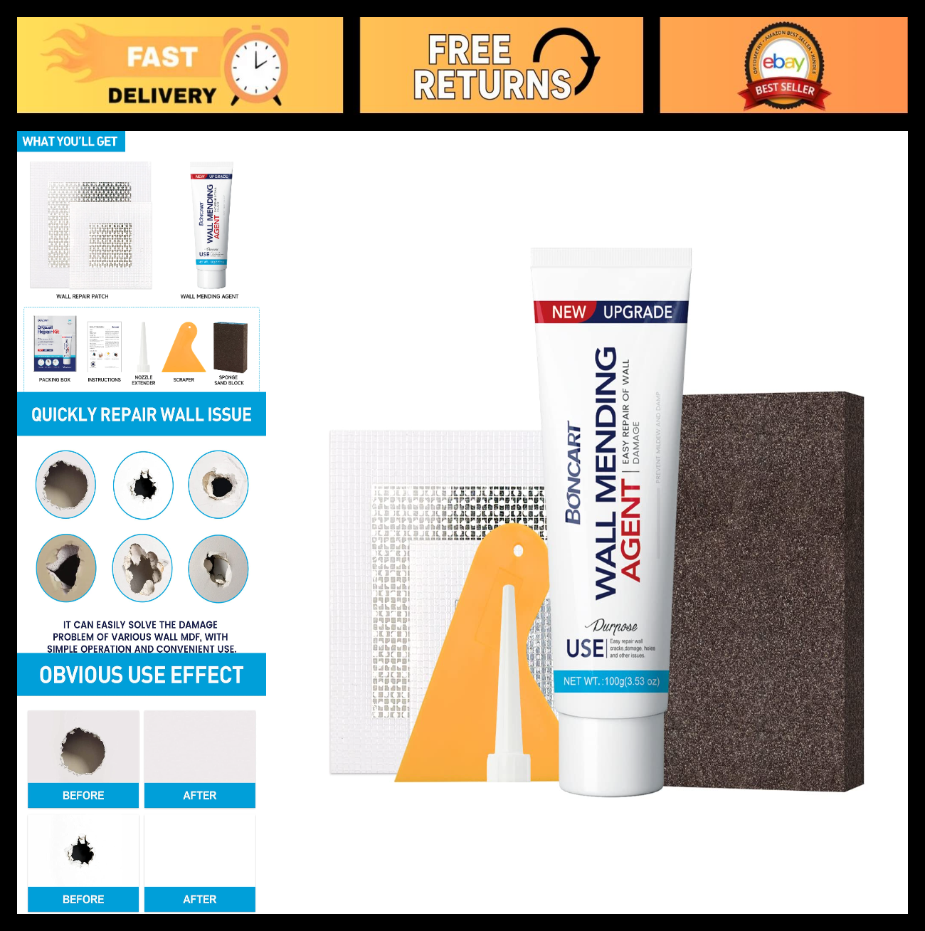 Wall & Drywall Repair Patch Kit with Tools | Putty, Scraper, Sponge & Aluminum P0
