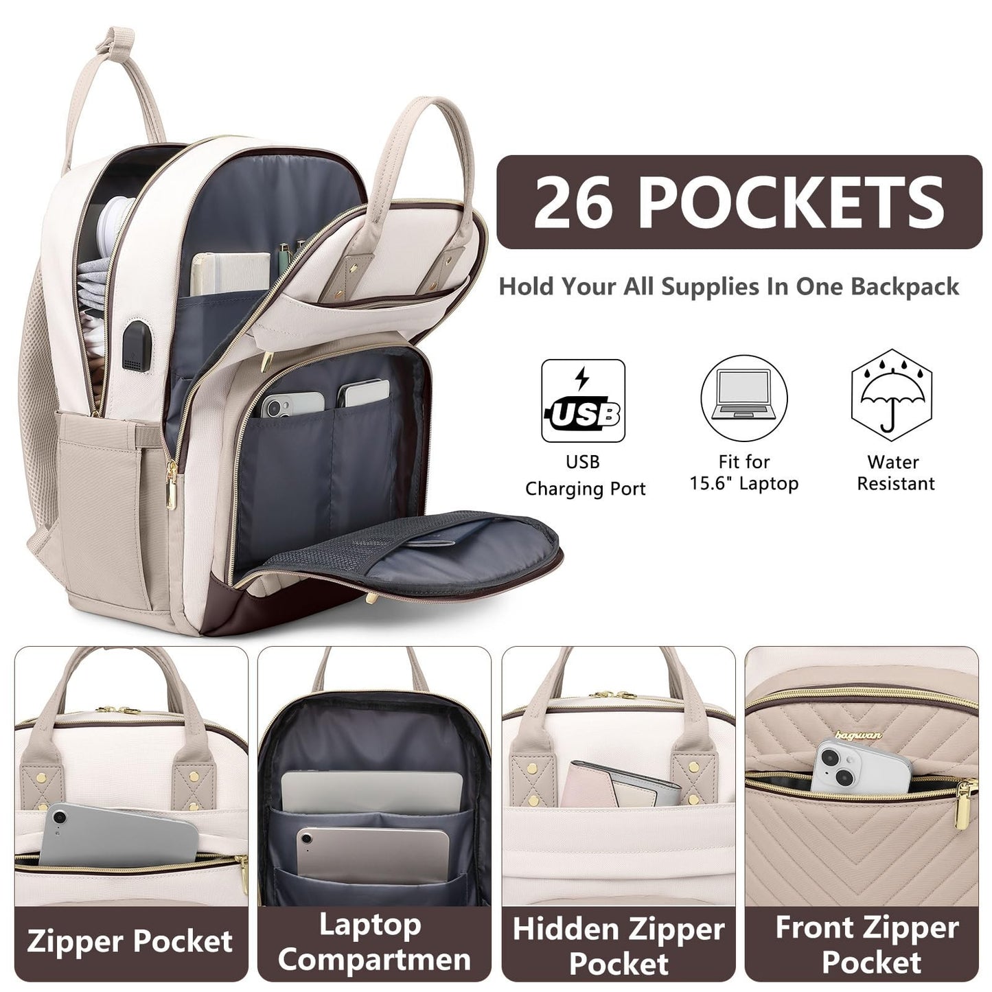 Stylish 15.6" Laptop Backpack for Women   Waterproof Travel Bag with USB Charger2