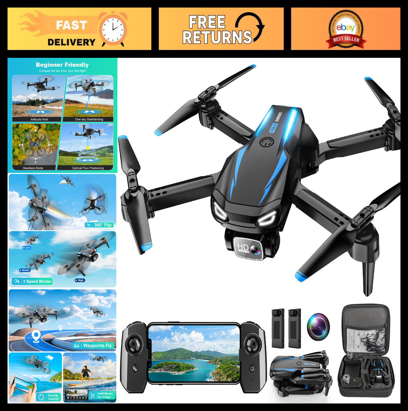 Foldable Drone with 1080P Camera, Mini Quadcopter for Beginners, 2 Batteries, Ea0