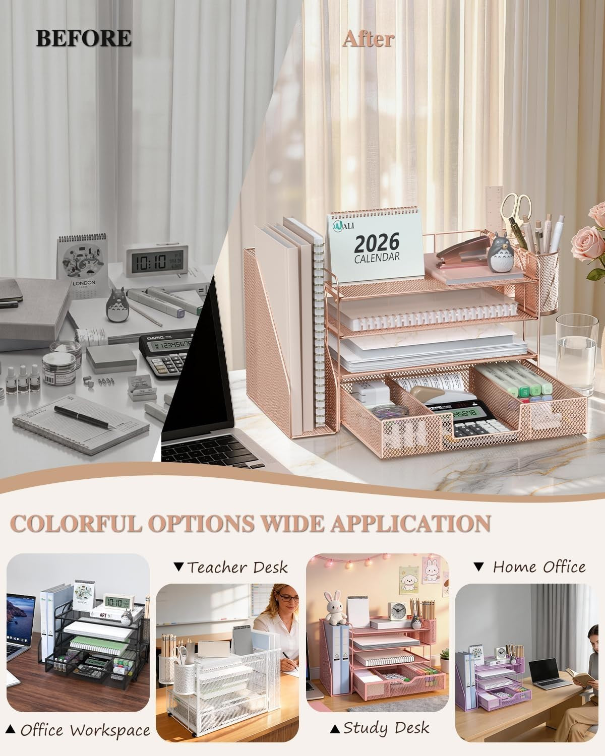 4 Tier Desktop File Organizer with Drawer & 2 Pen Holders   Rose Gold Office Sup7