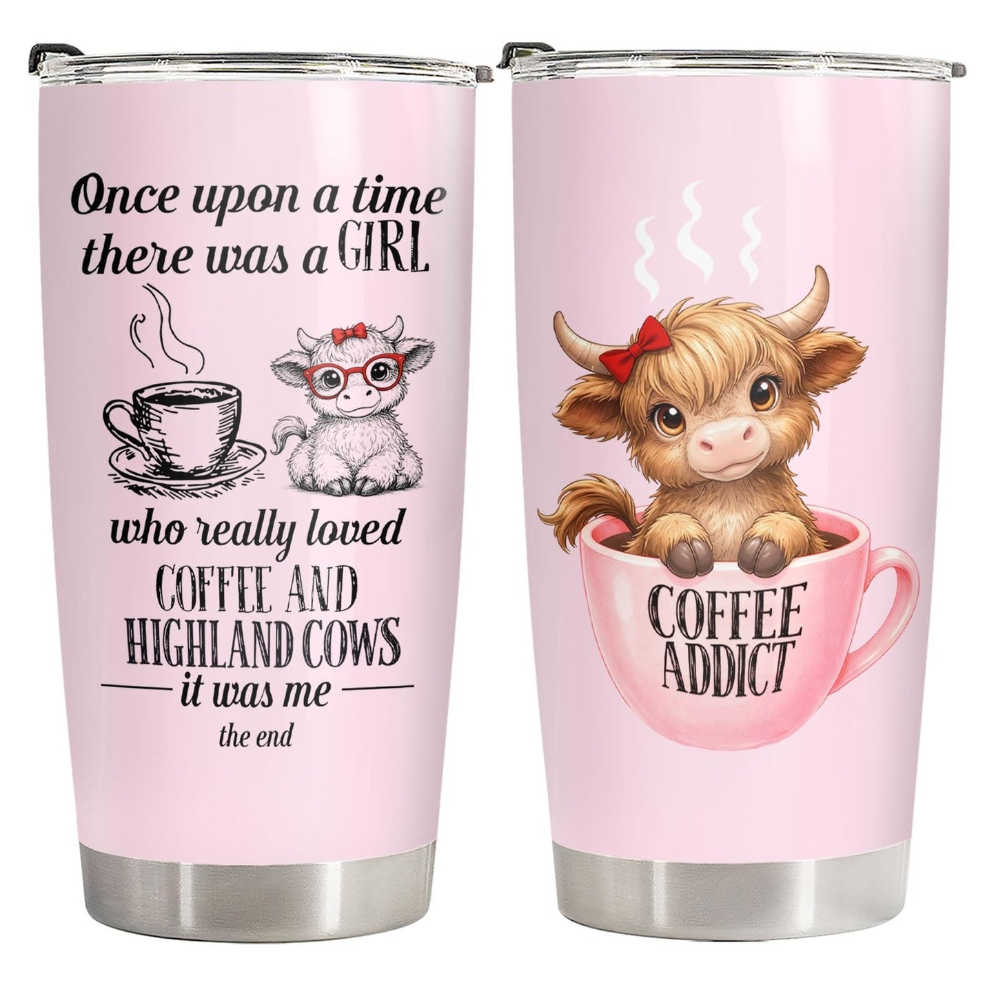 Cute Highland Cow Tumbler 20oz   Pink Insulated Travel Mug, Kawaii Farm Animal G1
