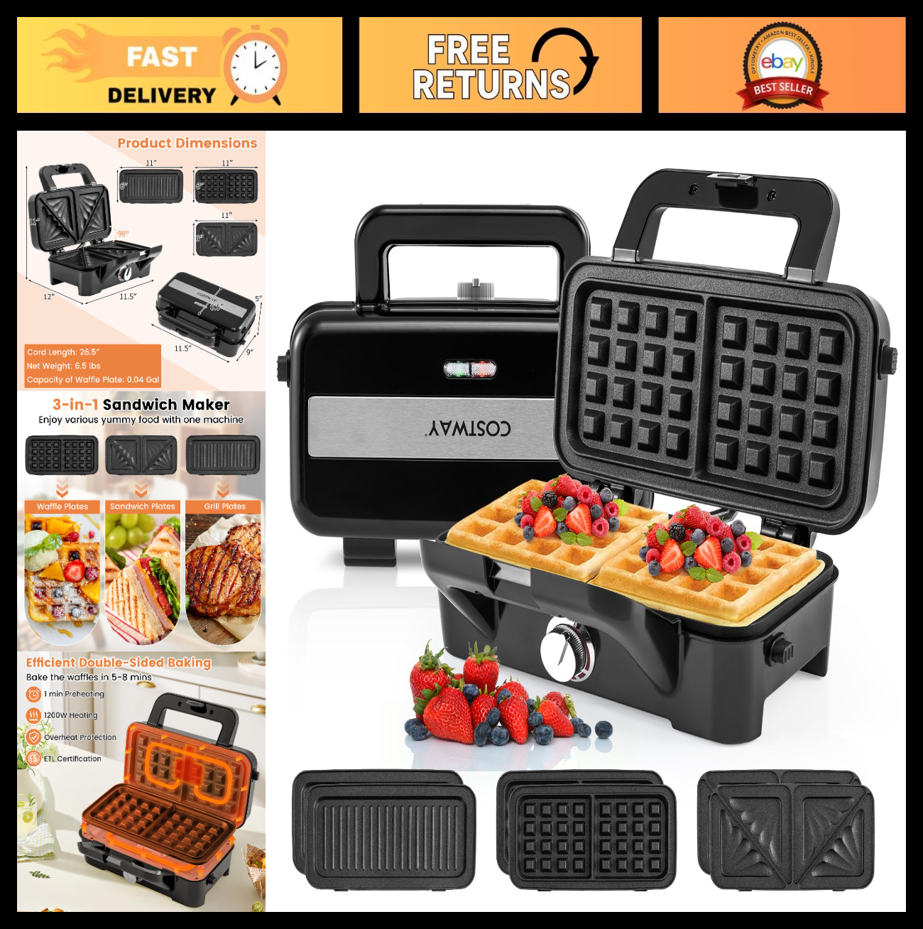 1200W Waffle Maker & Panini Grill - 3-in-1 Sandwich Maker with Non-Stick Plates0