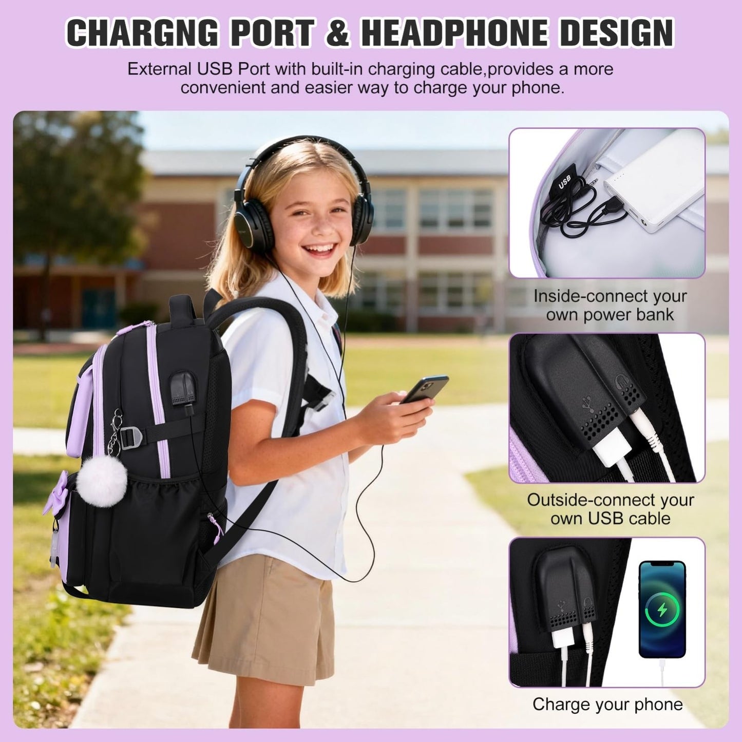 Cute Bow Backpack for Girls   School Bag Set with Lunch Bag & Pen Case3