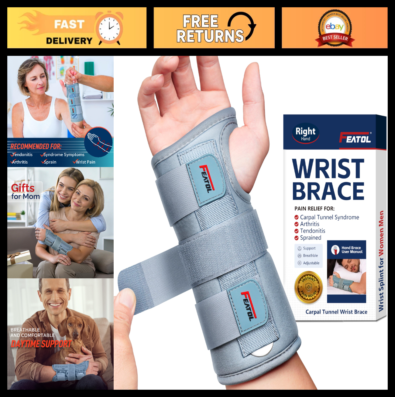 Adjustable Carpal Tunnel Wrist Brace for Men & Women, Night Support with Splints0