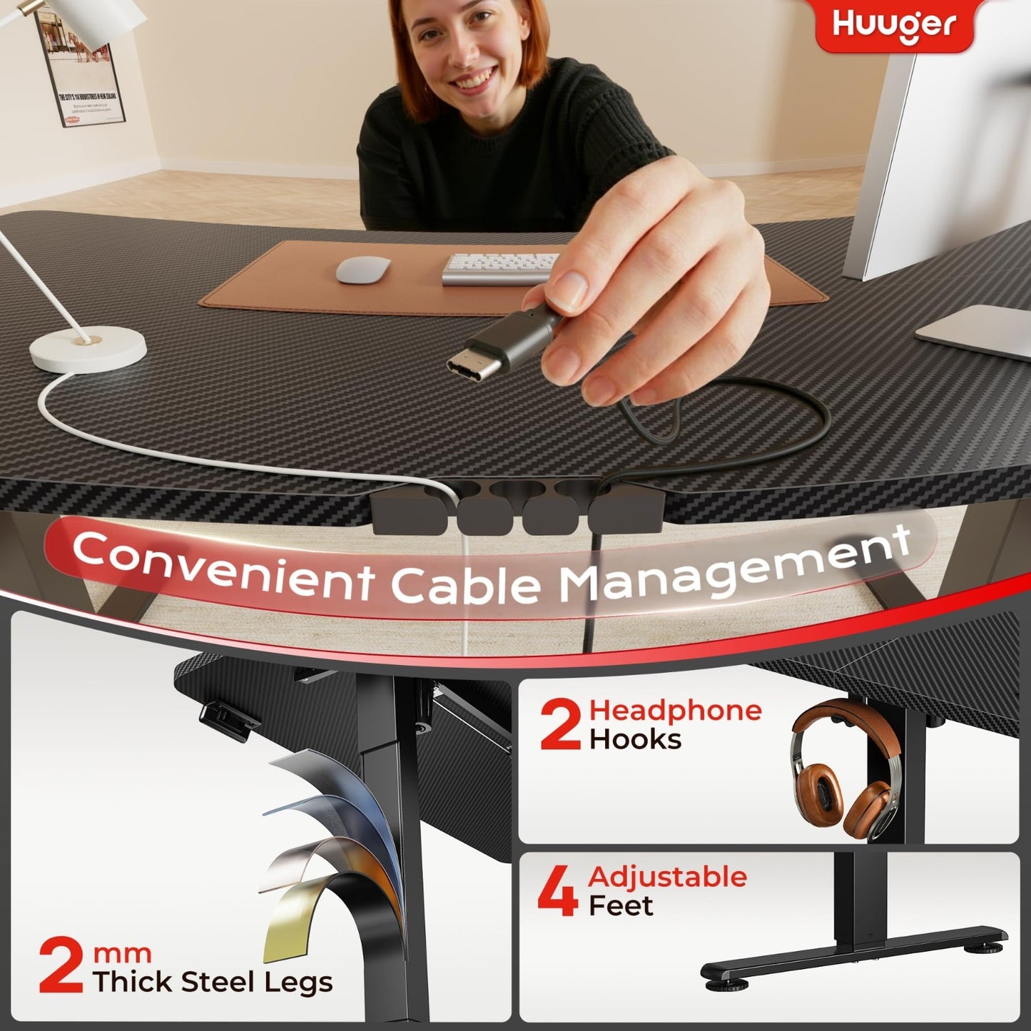 Height Adjustable Electric Standing Desk with USB-C & Power Outlets, 47x24" - Si5