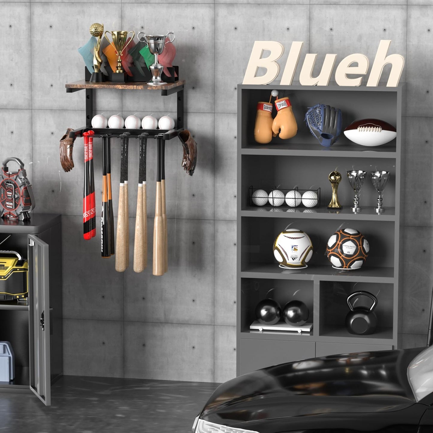 Wall Mount Baseball Bat Rack & Cap Holder   10 Bat Metal Storage, 5 Prongs, Blac11