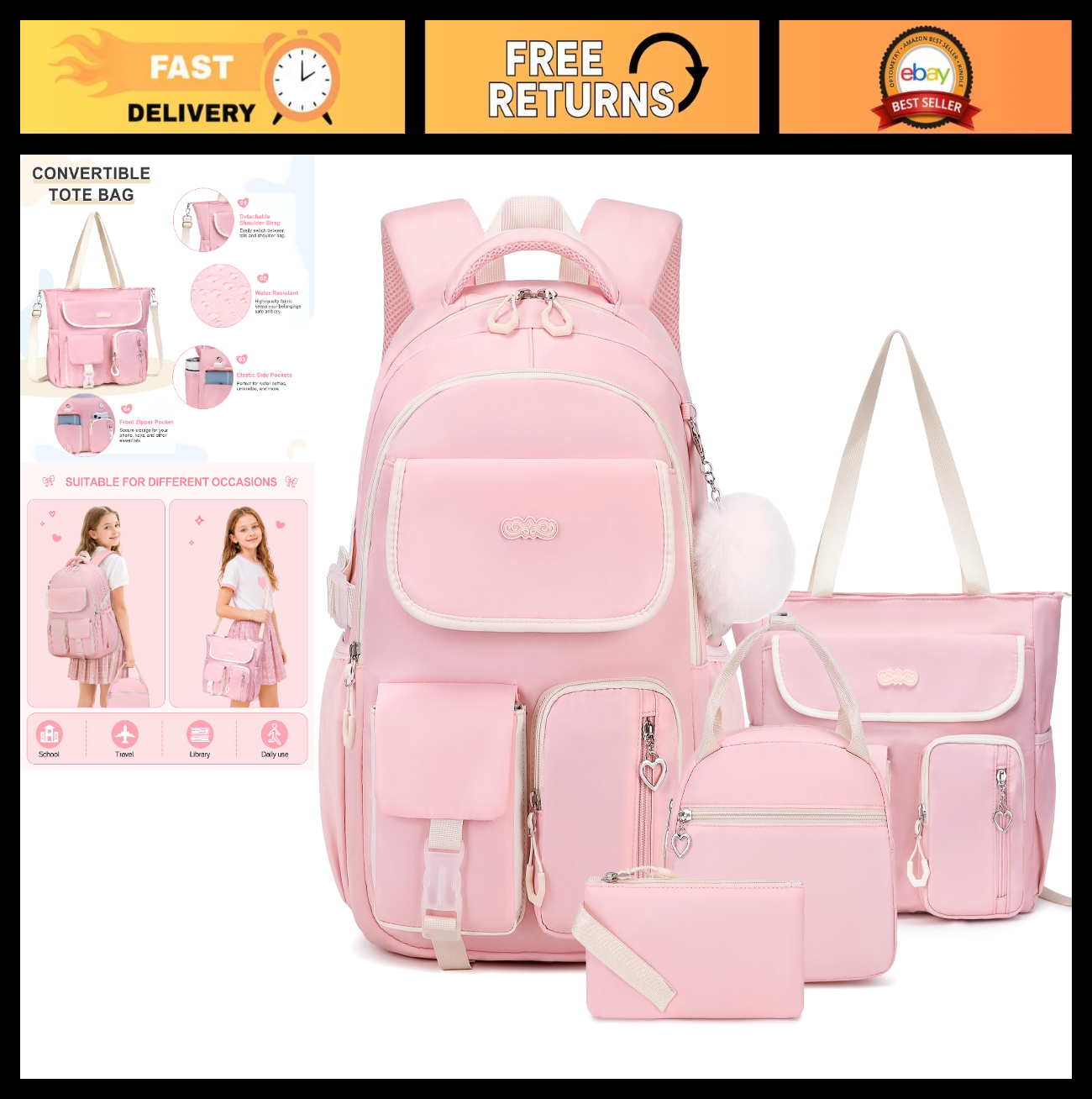 4PCS Girls Backpack Set with Tote Bag, Lunch Box & Pencil Pouch   School Supplie0