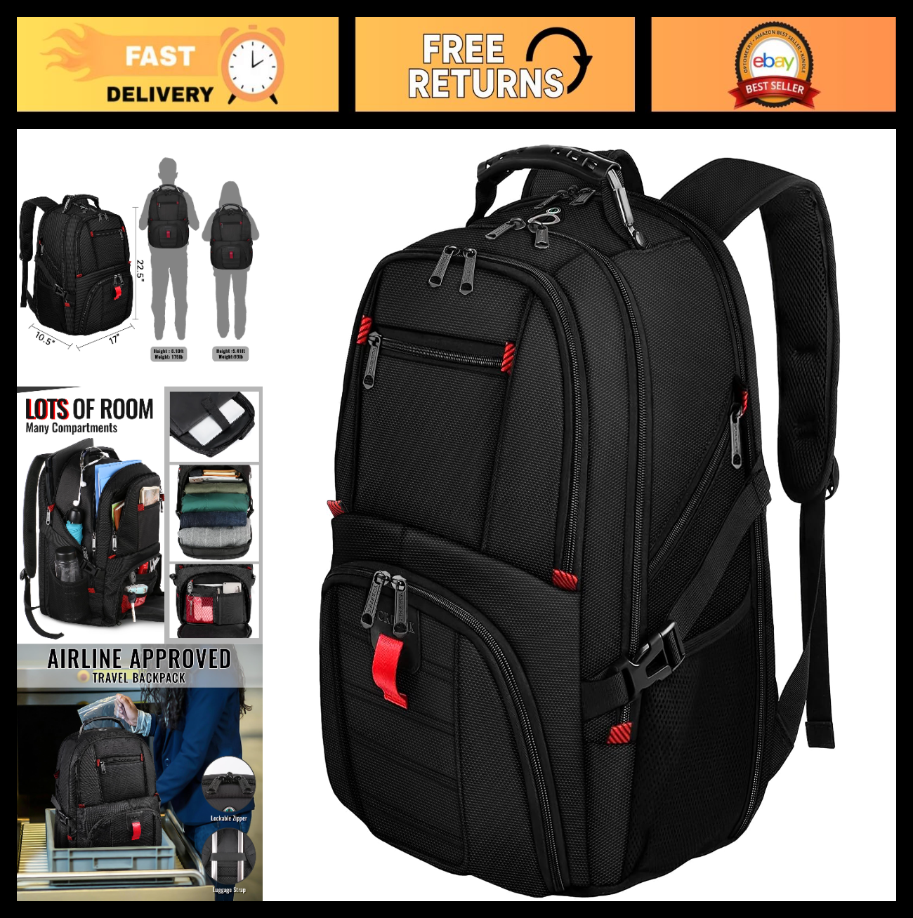 Large Laptop Backpack for Men, Heavy Duty Travel Bag, Waterproof, Multi Compartm0