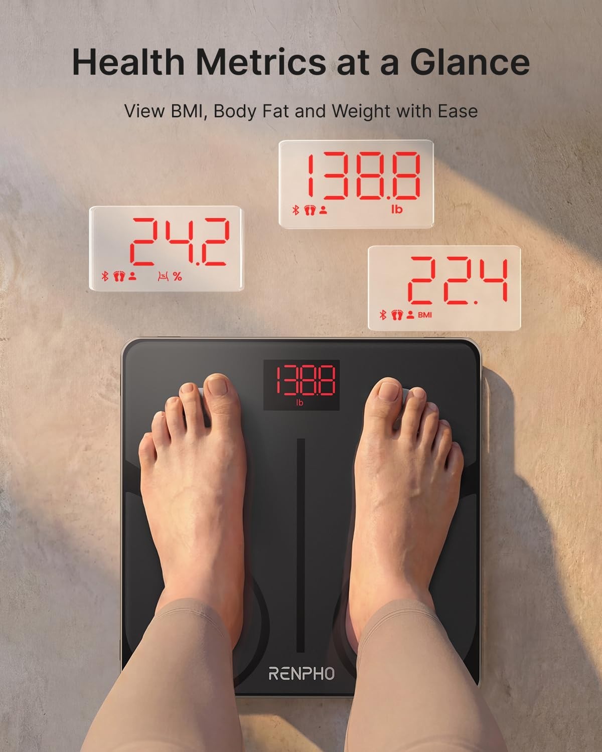 Smart Bluetooth Body Weight Scale   13 Metrics, BMI, Body Fat, 400lbs Capacity,2