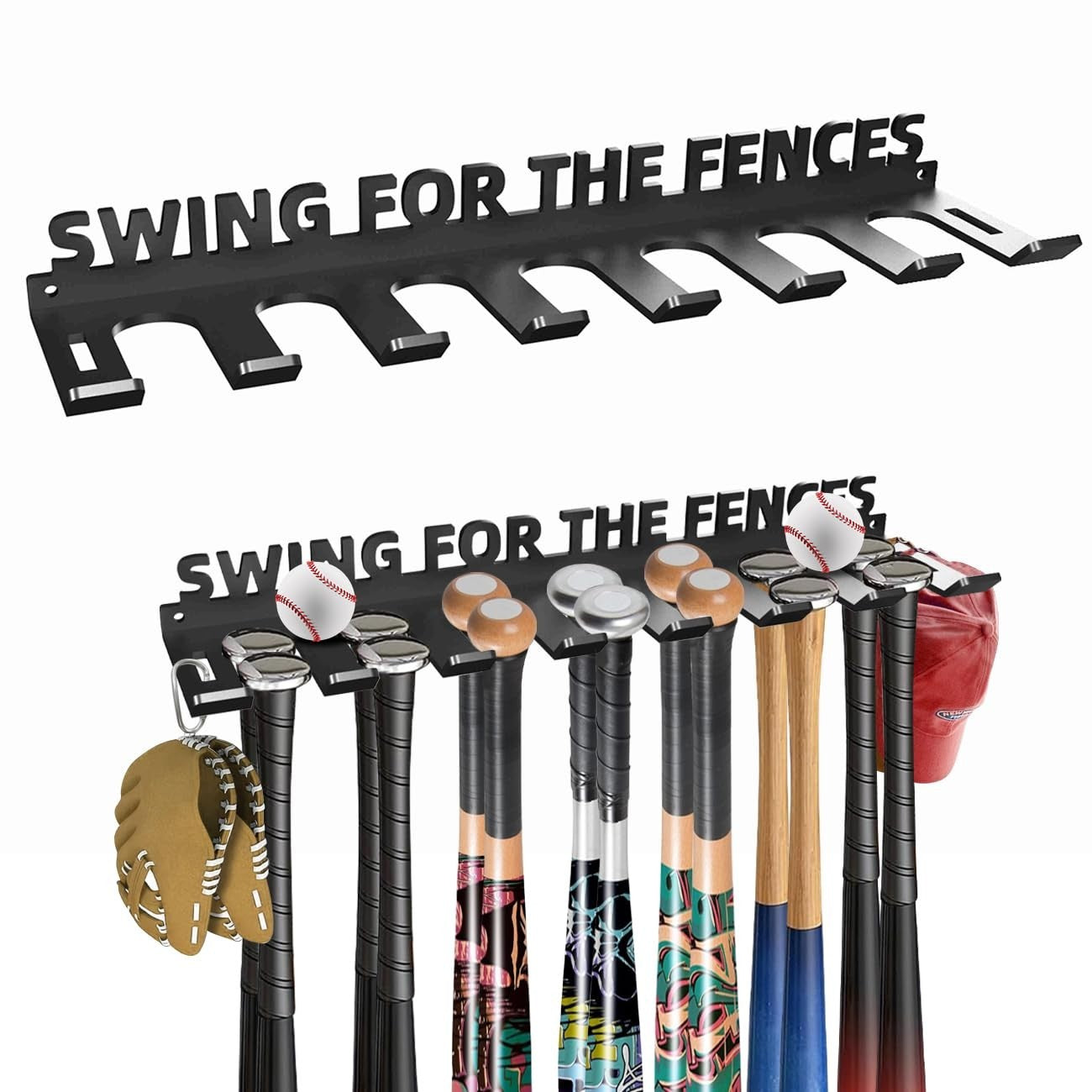Heavy Duty Baseball Bat Storage Rack   Wall Mount Organizer for 14 Bats, Hooks I1