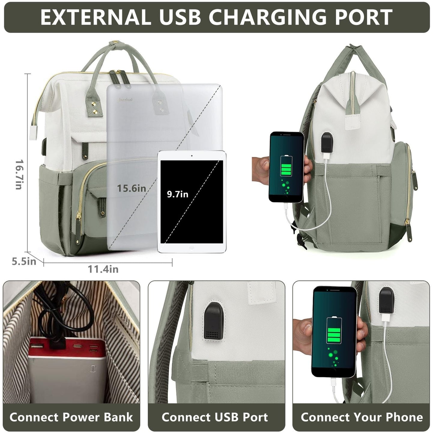 15.6" Laptop Backpack for Women, USB Charging, Large Travel Work Bag, Casual Day4