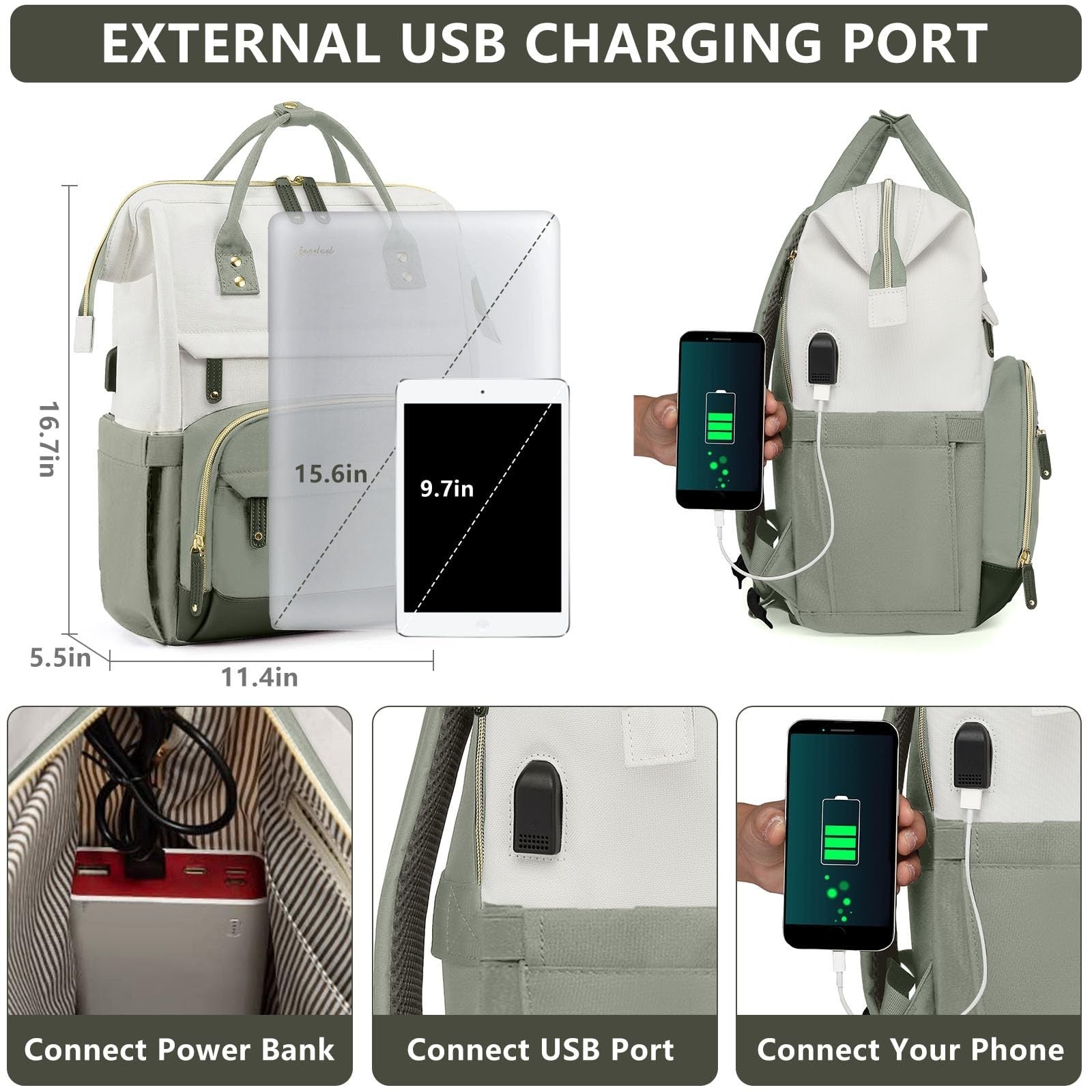 15.6" Laptop Backpack for Women, USB Charging, Large Travel Work Bag, Casual Day4