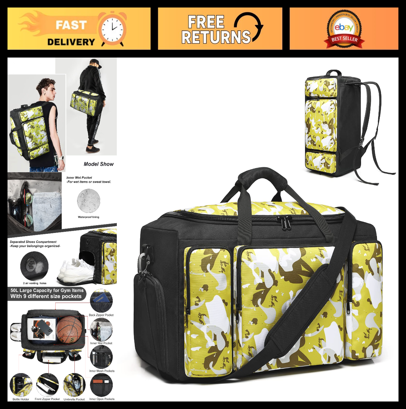 4-Way Gym Duffle Bag with Shoe Compartment & Wet Pocket - Versatile Sports Backp0