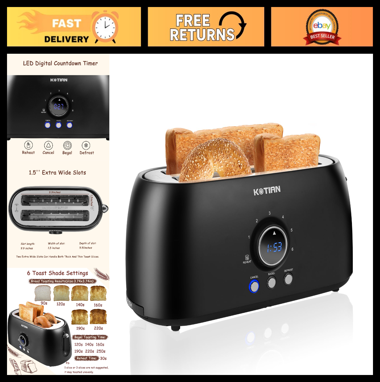 4 Slice Retro Stainless Steel Toaster with Countdown Timer, Extra Wide Slots, Ba0