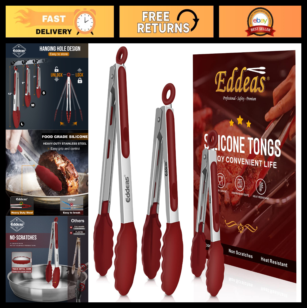 Set of 3 Heat Resistant Kitchen Tongs   7", 9", 12" Silicone Tip BBQ & Salad Too0