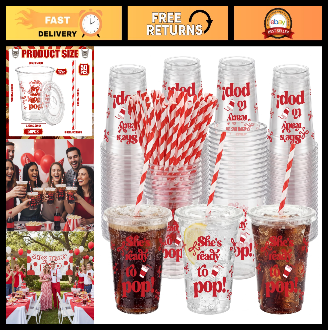 50 Set Disposable Cups with Lids & Straws - 12 oz Red Plastic for Parties, Baby0