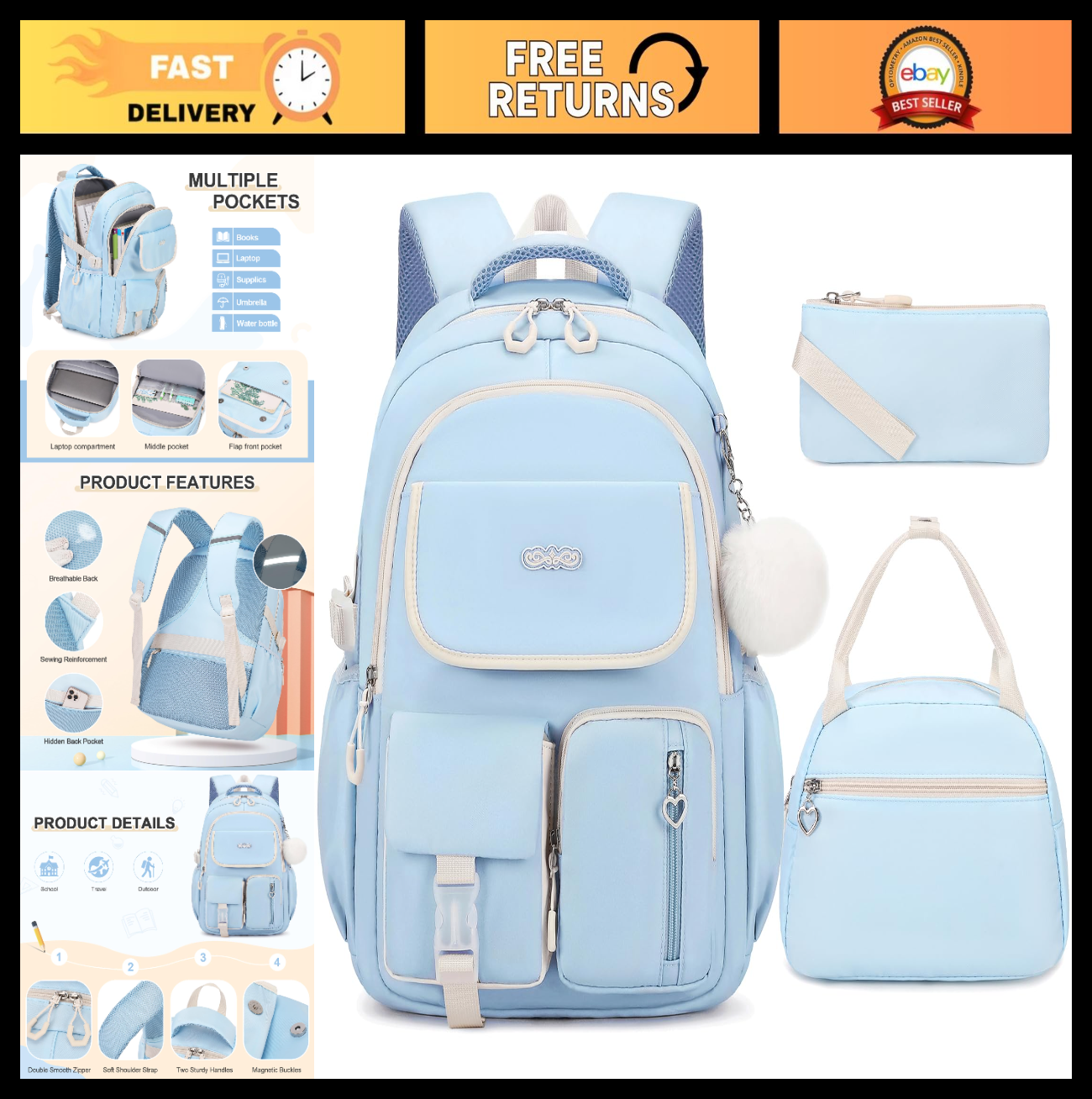 3PCS Girls School Backpack Set with Lunch Box & Pencil Pouch   Stylish & Durable0