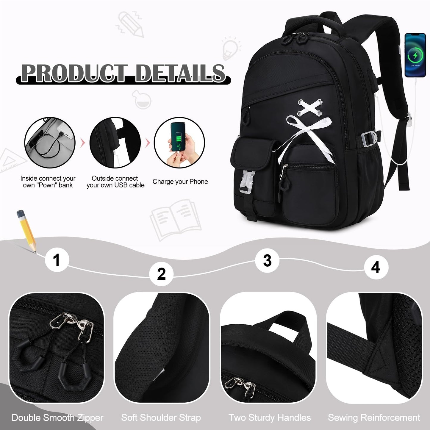 3PCS Girls School Backpack Set with Lunch Box & Pencil Pouch   Stylish & Durable3