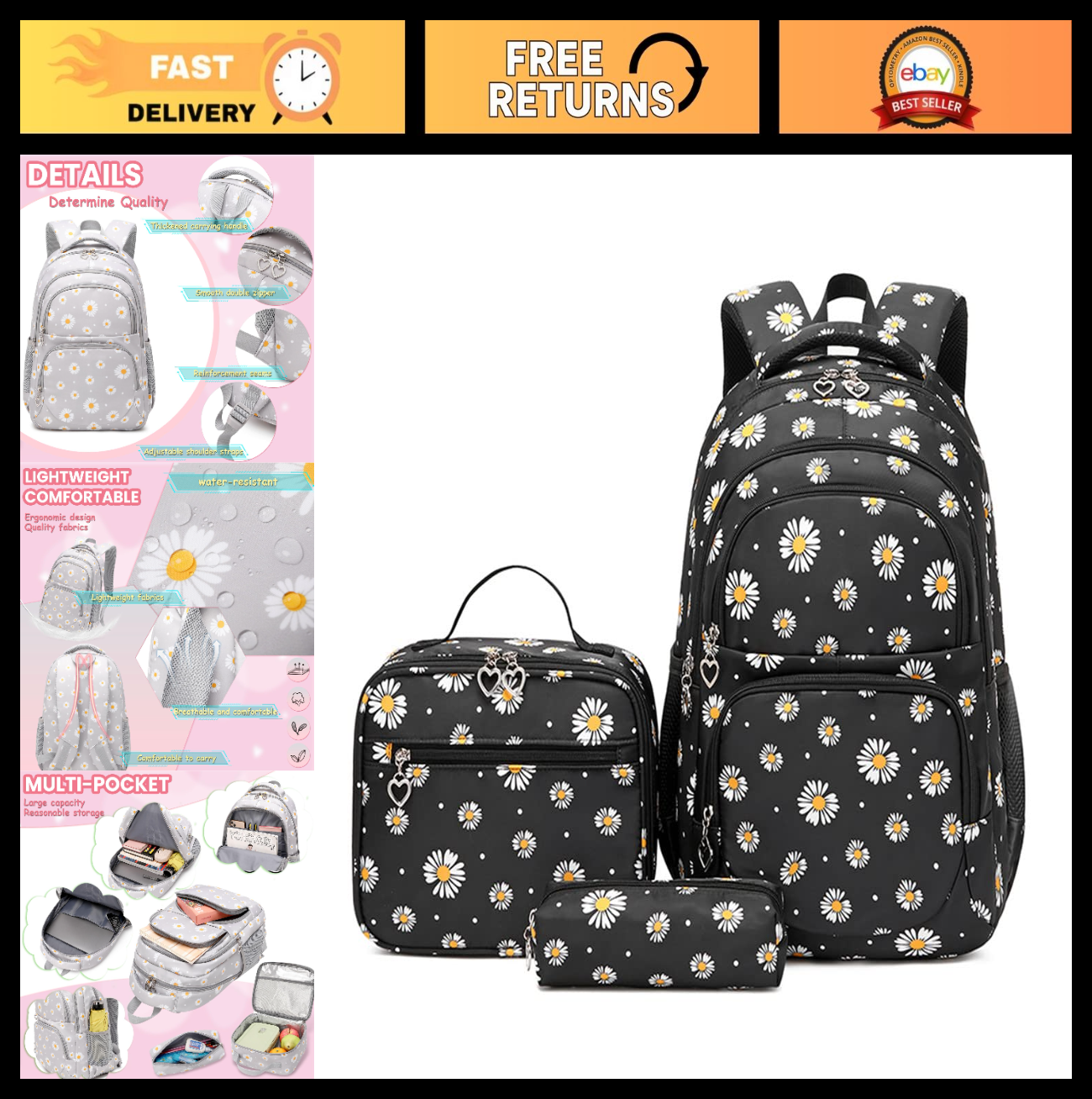 Daisy Print Backpack Set for Girls   3pcs Bookbag with Lunch Box for School0