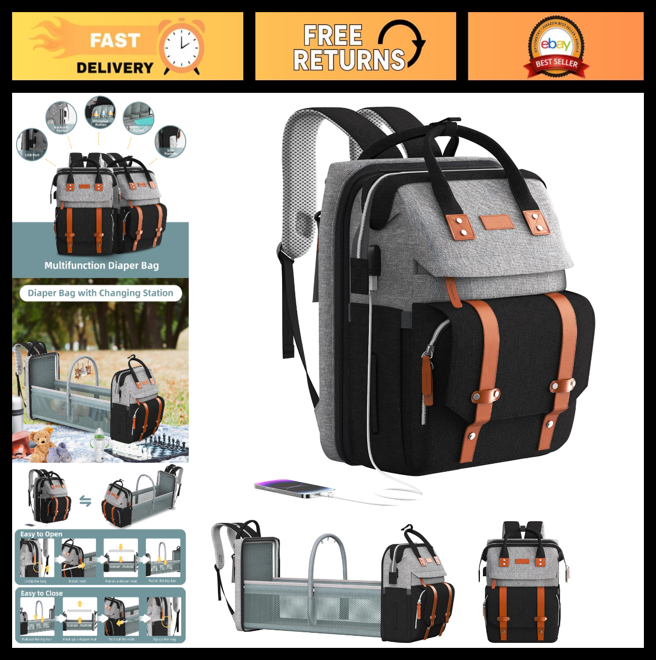 Diaper Bag Backpack with Changing Station   Stylish Baby Diaper Bag, Grey/Black0
