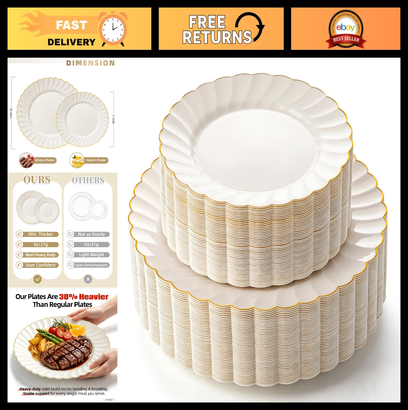 120PCS Heavyweight Ivory Scalloped Disposable Plates with Gold Rim | 60 Dinner &0