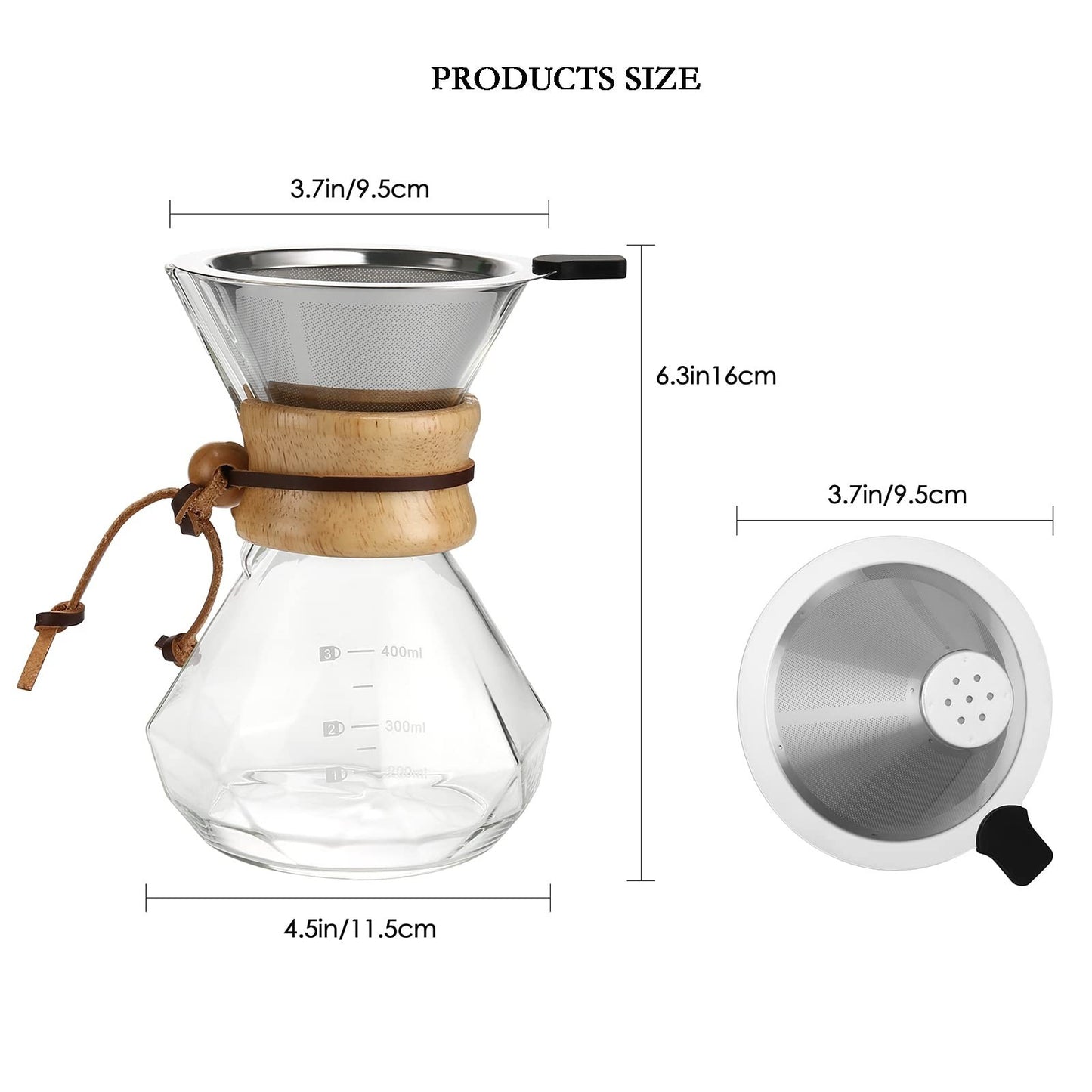 Pour Over Coffee Maker with Stainless Steel Filter & Glass Carafe, 2 Cups, 400ml2