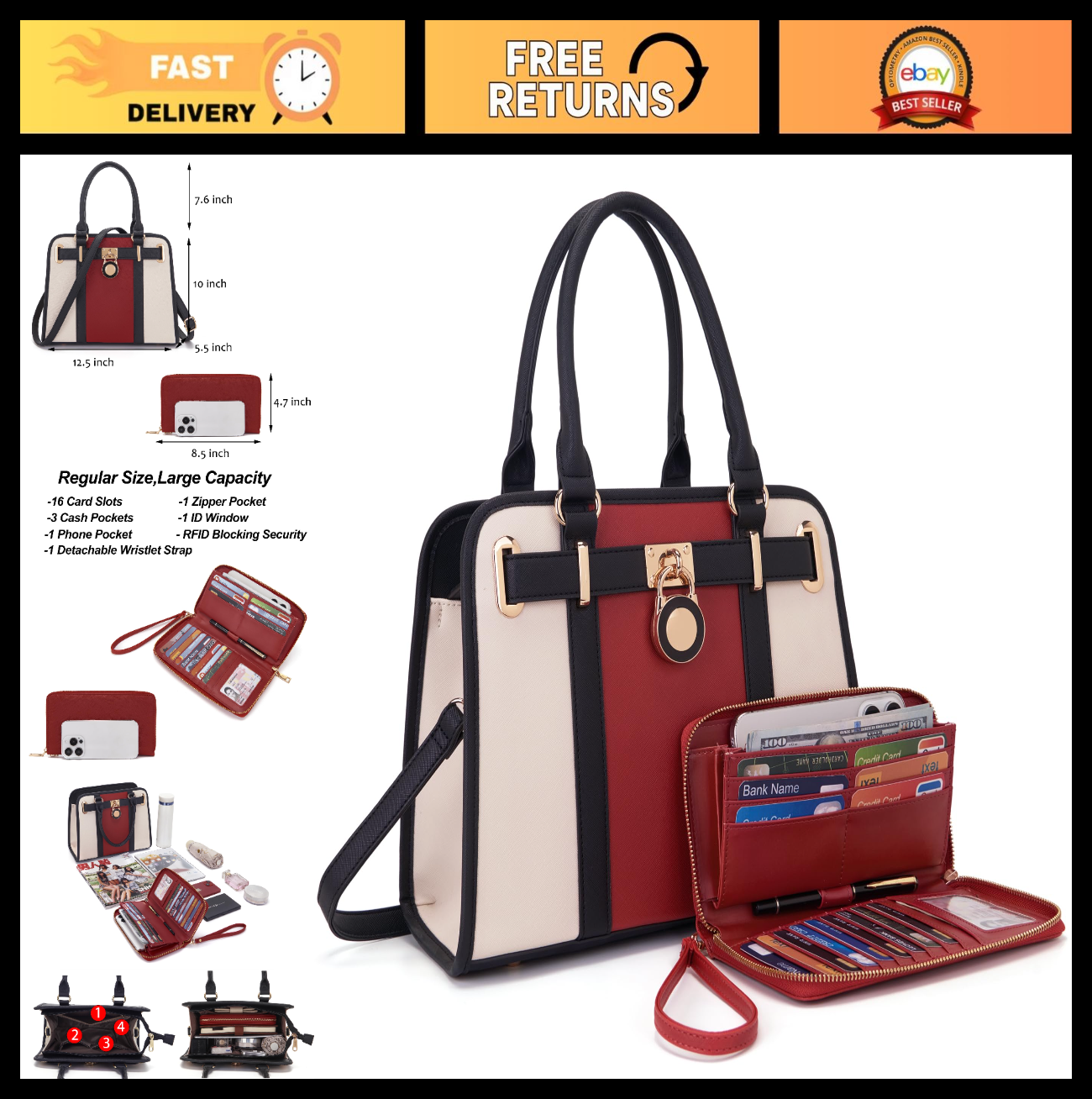 Stylish Structured Satchel Tote Handbag Set for Women with RFID Wallet - Fashion0