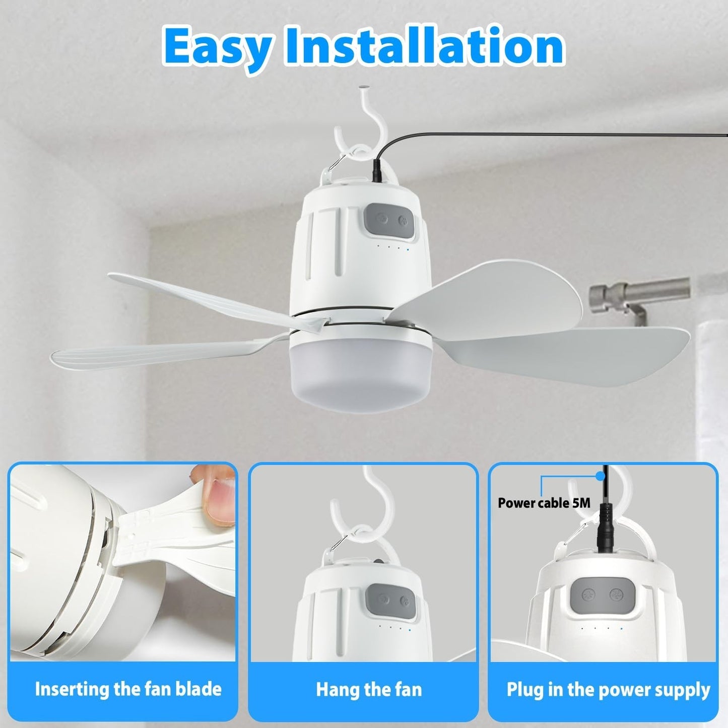 Outdoor Hanging Gazebo Fan with Light, 16.5ft Cord, Remote, Portable for Patio,4