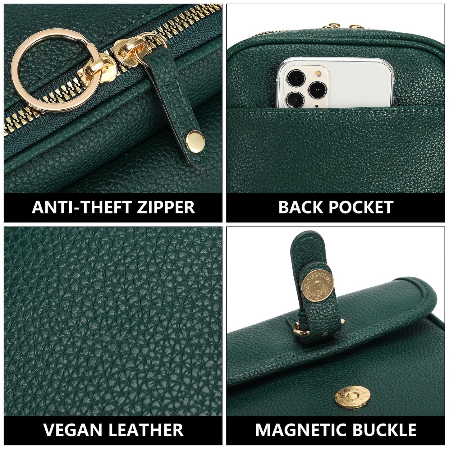 Vegan Leather Crossbody Bag for Women - Vintage Anti-Theft Messenger Purse with3