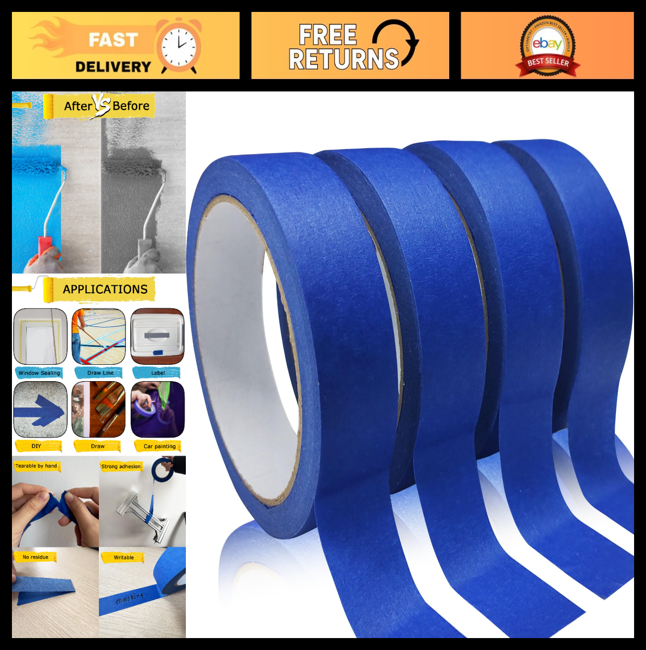 4 Rolls Blue Painters Tape   Premium Masking Tape for DIY Crafts, Painting, Easy0