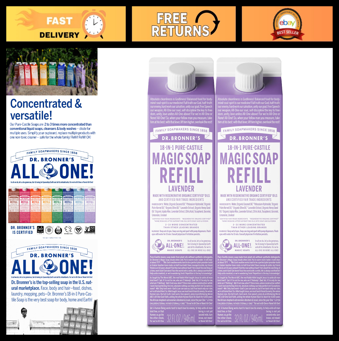 Pure Castile Liquid Soap Refill 32oz Lavender - Vegan, Organic, Multi-Use, 2-Pac0