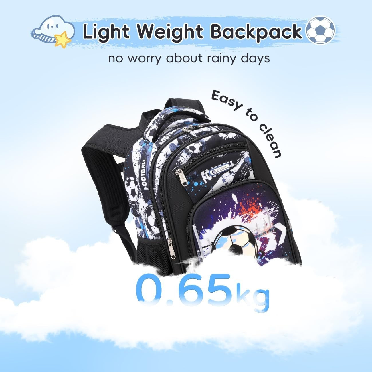 Lightweight Waterproof School Backpack for Kids, Large Capacity, Soccer Print, 17