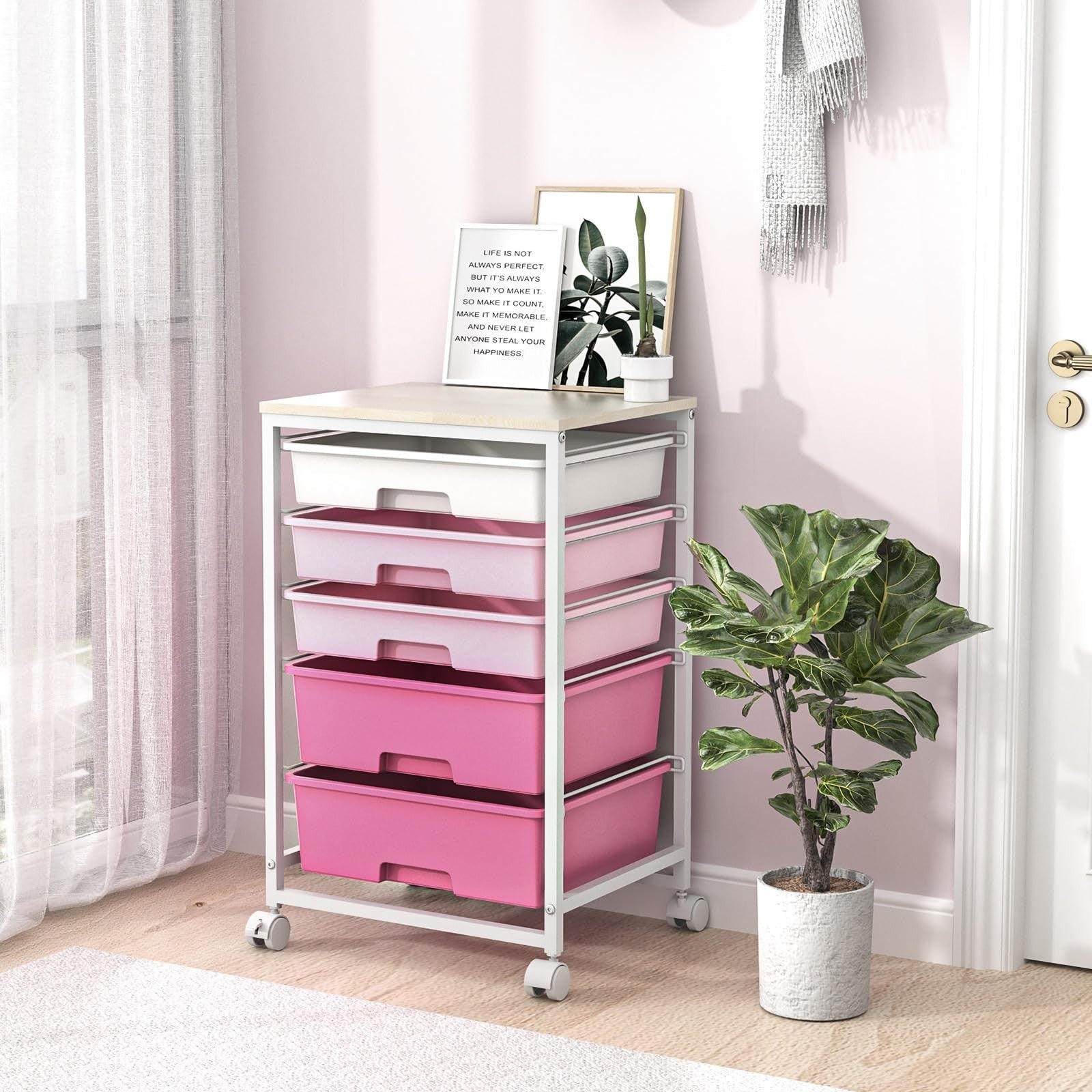 5 Drawer Utility Cart with Wooden Top, Rolling Craft Trolley, Lockable Wheels, P7