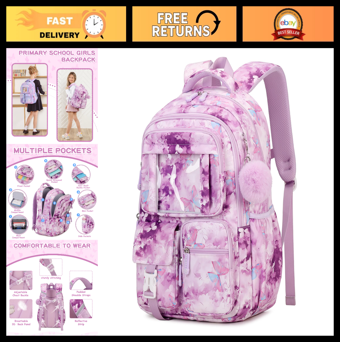 Kawaii Purple Butterfly Kids Backpack for Girls - School Bag for Middle & Elemen0