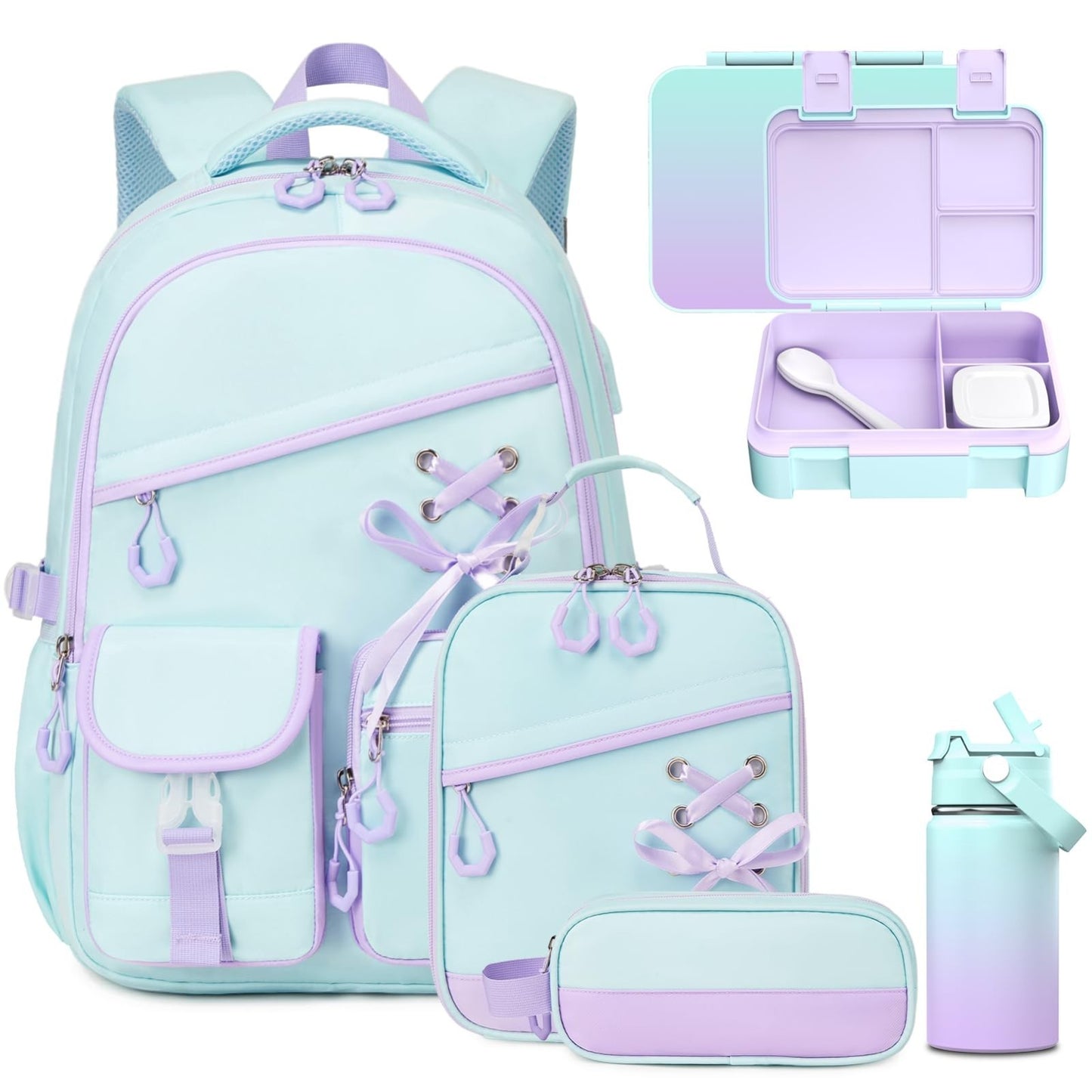 Girls Backpack Set 9PCS with Lunch Bag, Pencil Case, Bento Box & Water Bottle  1
