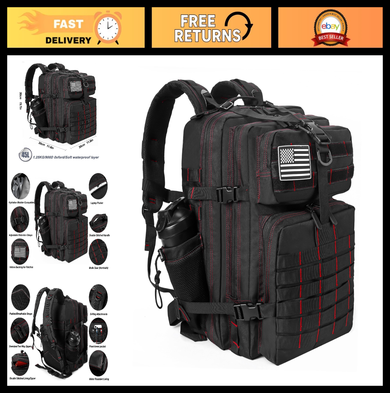 Tactical 45L Military Backpack for Men & Women   3 Day Assault Rucksack, Molle S0
