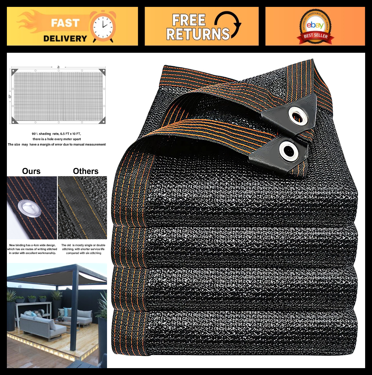 90% Shade Cloth for Dog Kennel, 6.5x10 FT Sunblock Mesh Tarp with Grommets - Pat0