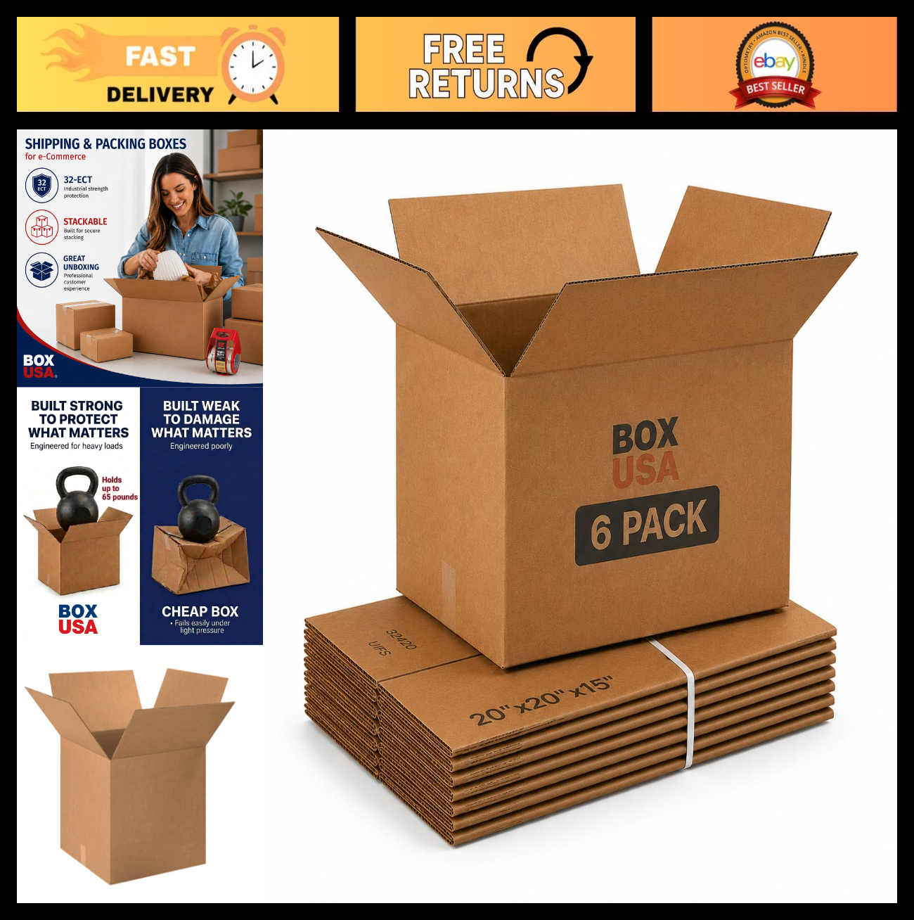 Large Corrugated Moving Boxes 20"x20"x15" (6 Pack)   Heavy Duty Shipping & Stora0