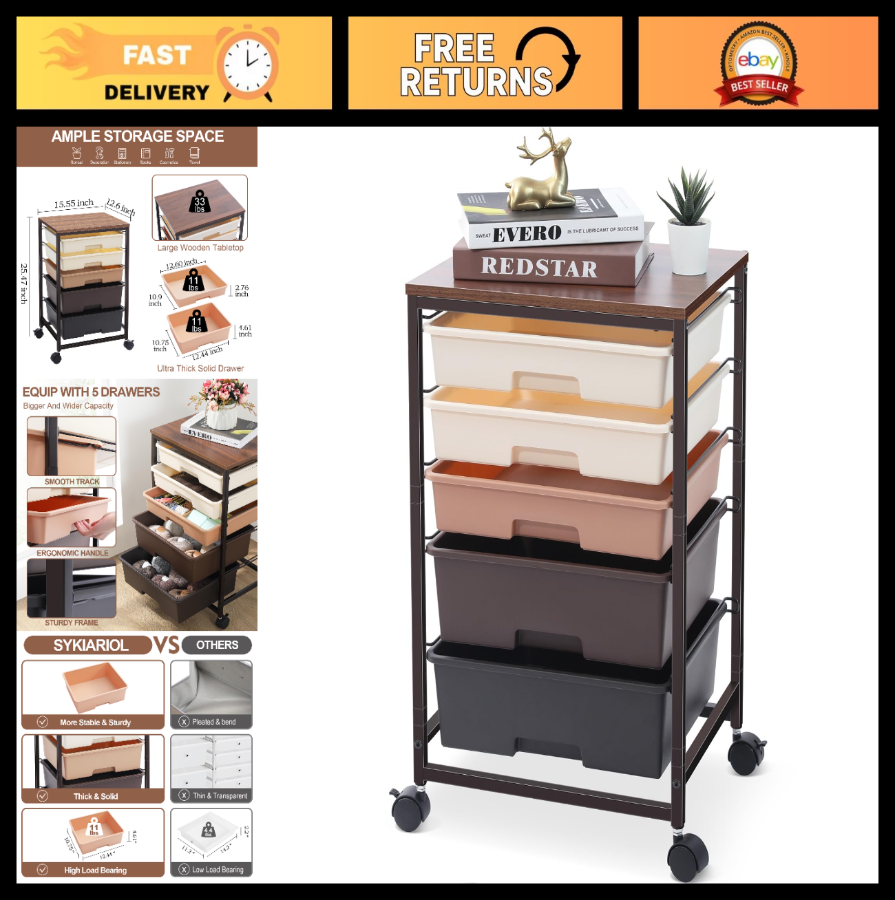 5 Drawer Utility Cart with Wooden Top & Lockable Wheels   Rolling Craft Trolley0