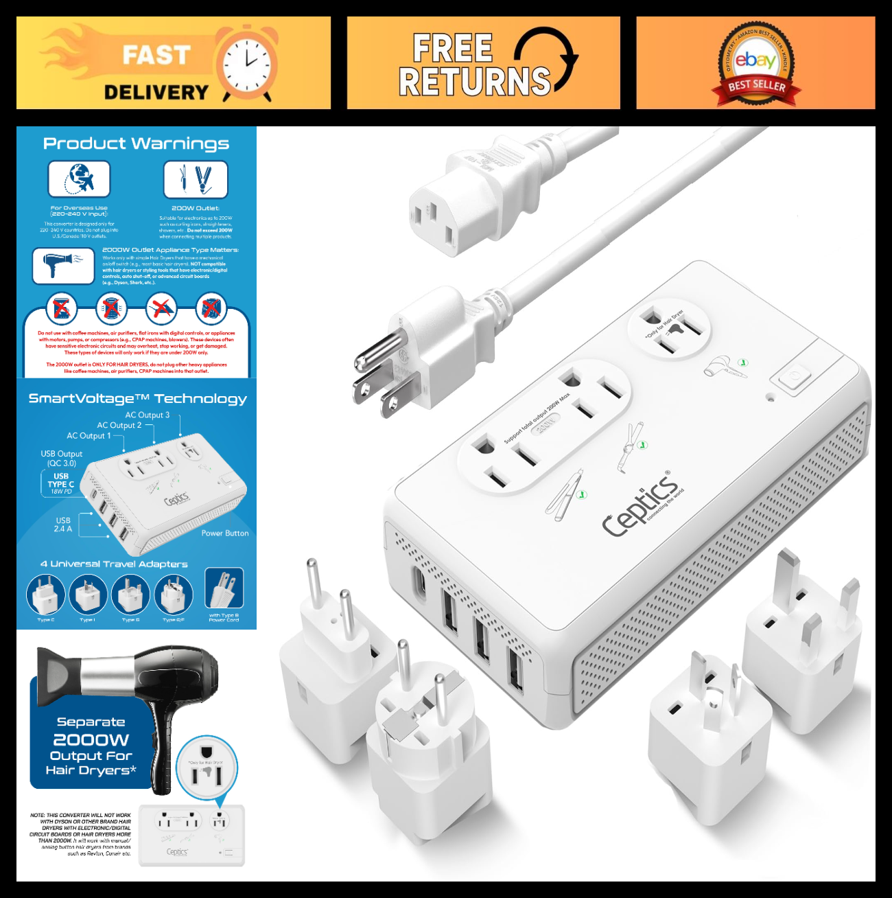 220V to 110V Voltage Converter, 2x 200W & 1x 2000W Outlets, USB-C PD 18W, Travel0
