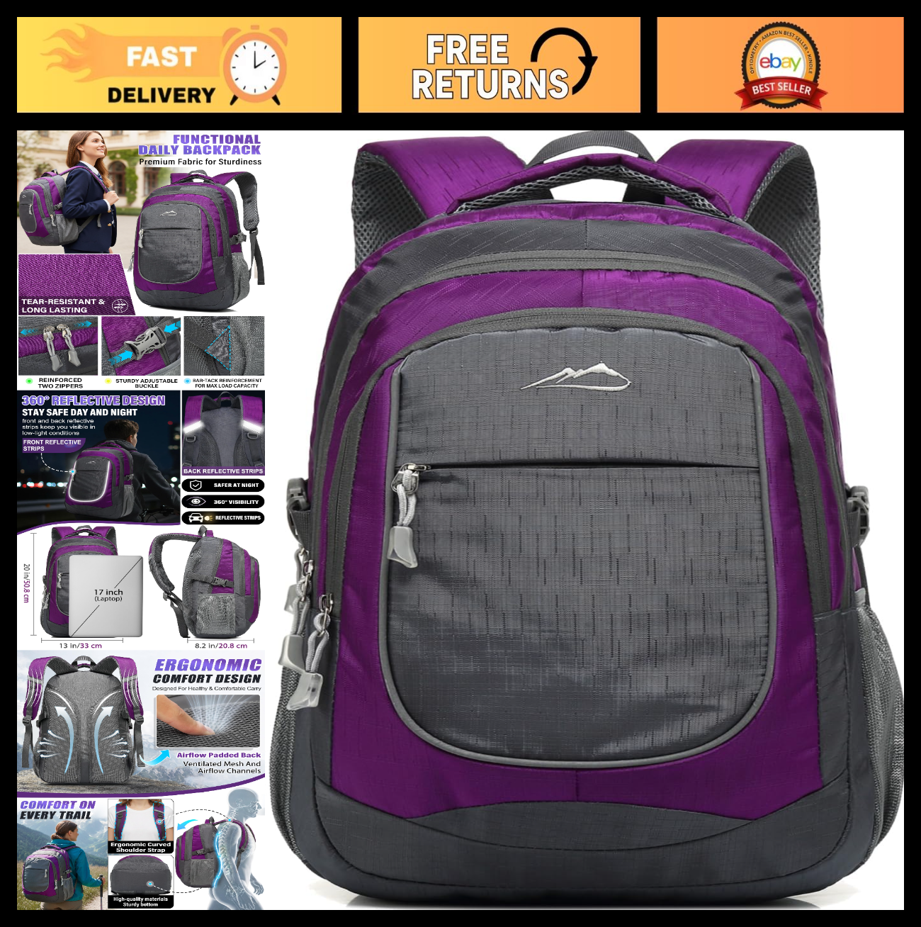 Extra Large Multi Compartment Backpack for College, Travel, Laptop & Hiking   Fi0