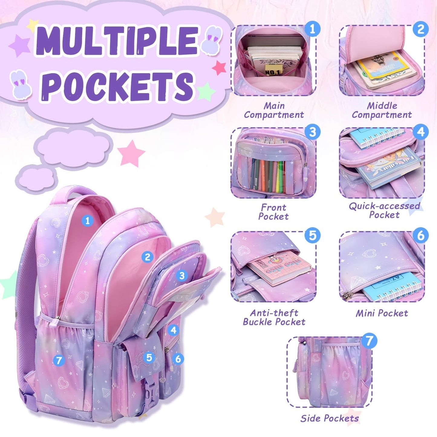 Kawaii Purple Kids Backpack - School Bag for Girls, Middle & Elementary Students5