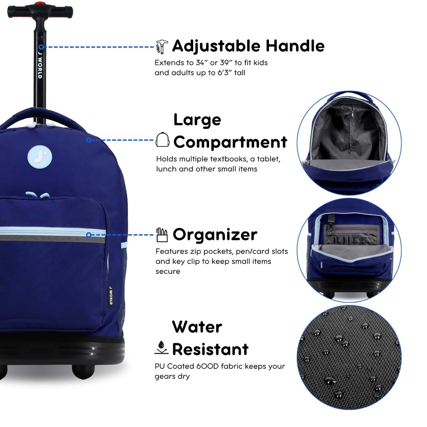 Kids Rolling Backpack with Wheels, School Roller Bookbag for Girls & Boys, Navy4