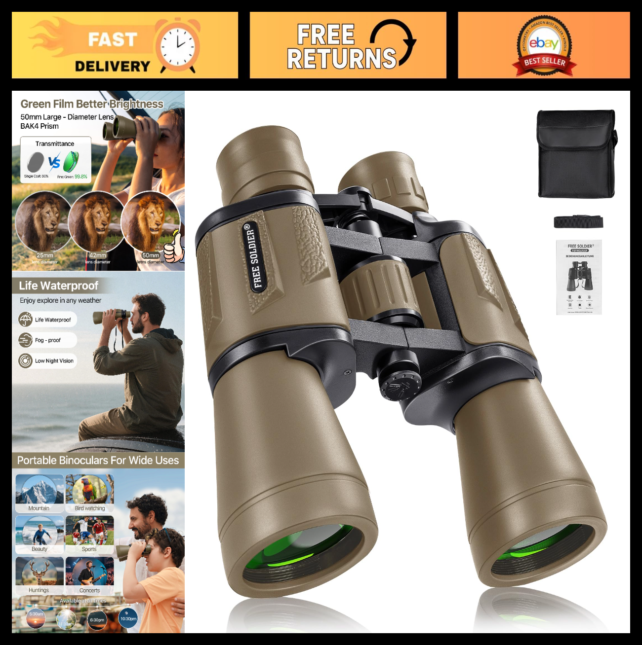 High Powered 20x50 Binoculars for Bird Watching, Hunting, Hiking, Travel   BAK40