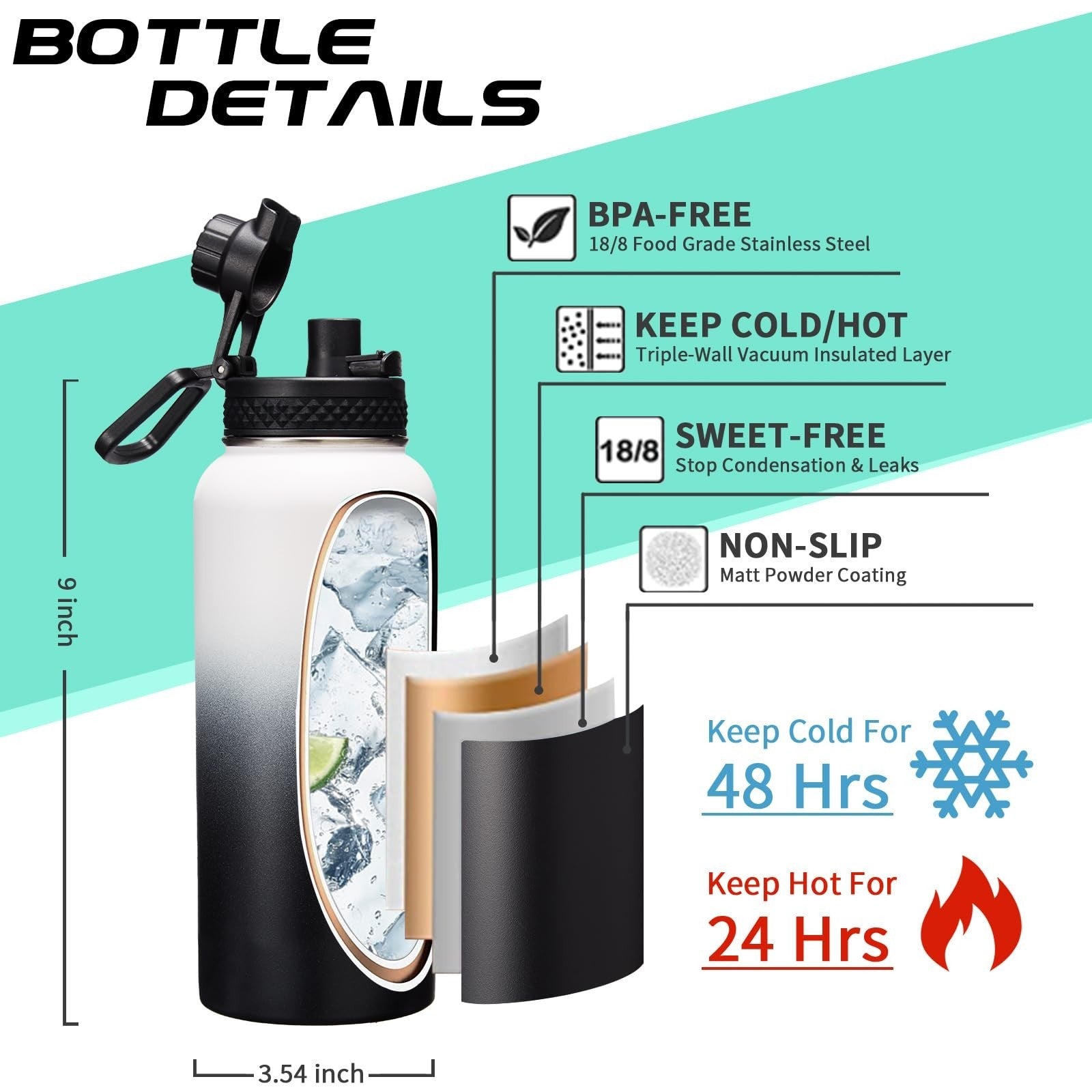 32oz Insulated Water Bottle with Straw & Strap, BPA Free, Keeps Cold 48H, Hot 242