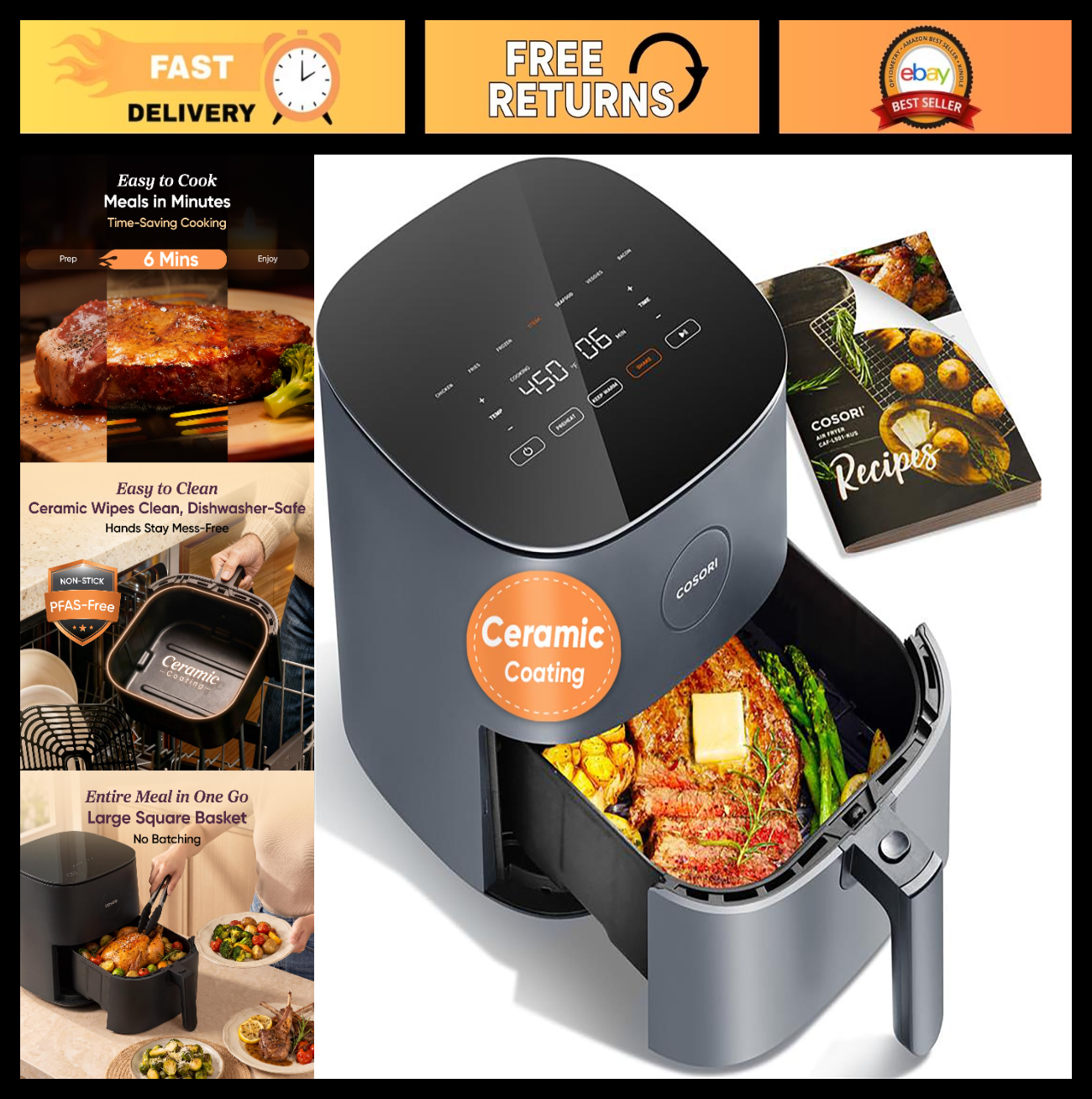 5Qt Air Fryer, 9-in-1 Multi-Cooker, Ceramic Coating, Shake Reminder, 7 Presets,0