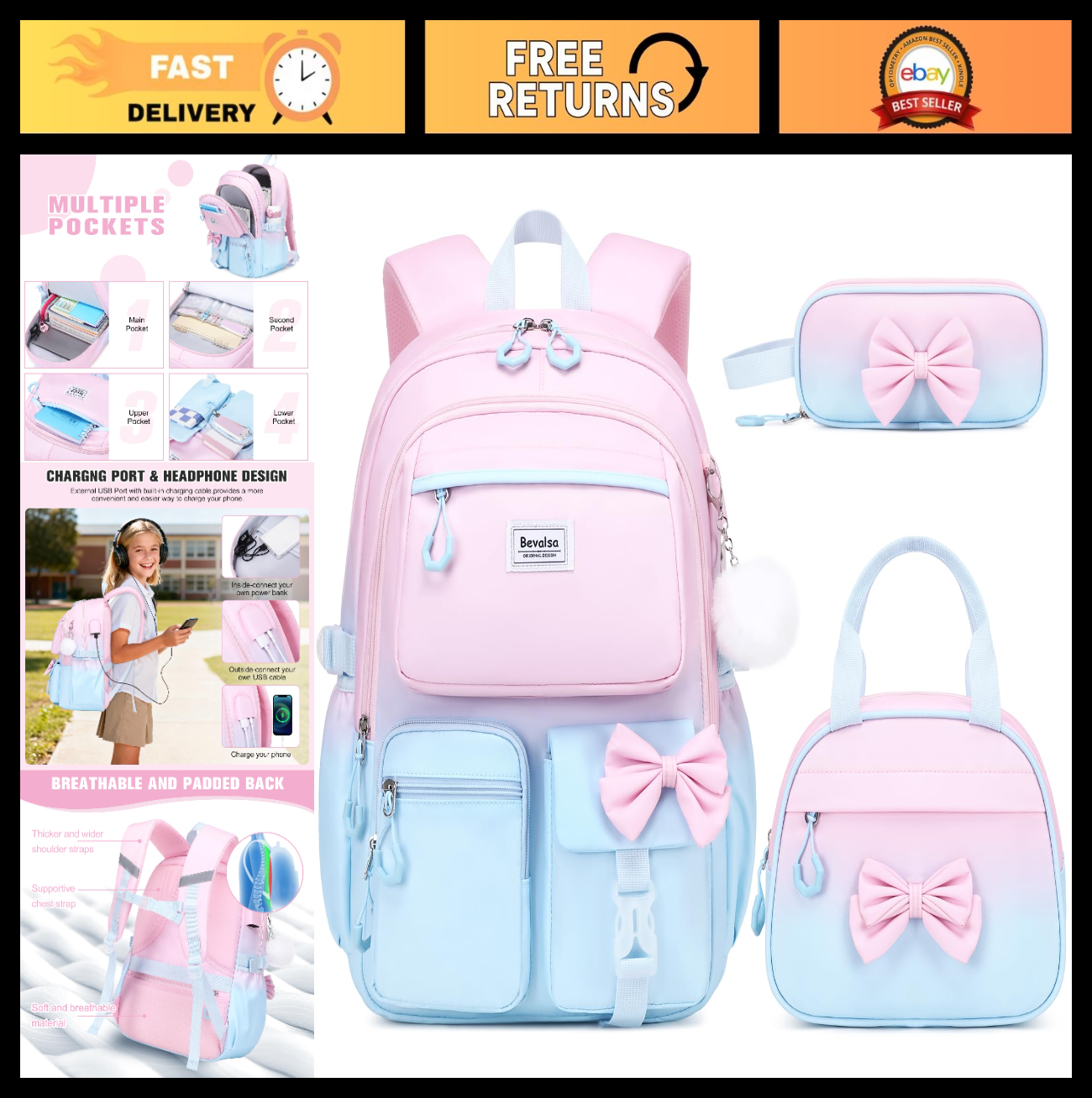 Cute Bow Backpack for Girls   School Bag with Lunch Bag & Pen Case, Stylish & Fu0