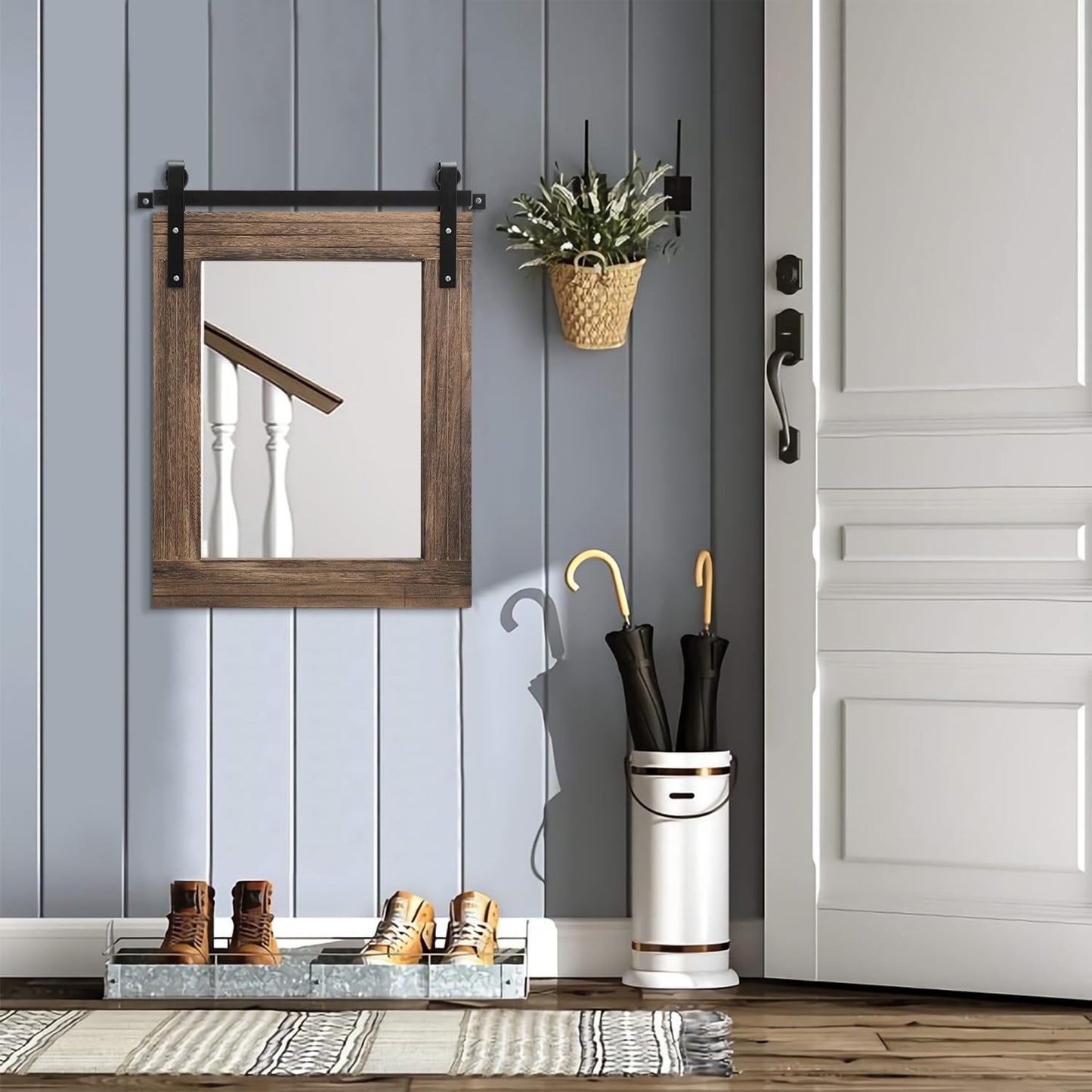 Rustic Barn Door Wall Mirror - Large 20"x16" Wood Framed Decorative Mirror for H6